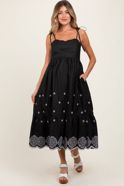 Black Embroidered Shoulder Tie Maternity Midi Dress