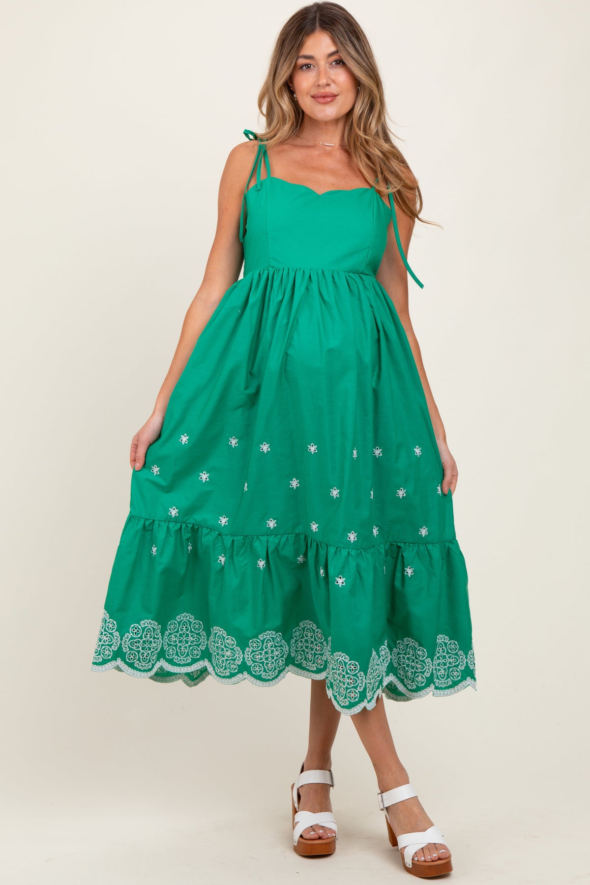 Green Embroidered Shoulder Tie Maternity Midi Dress