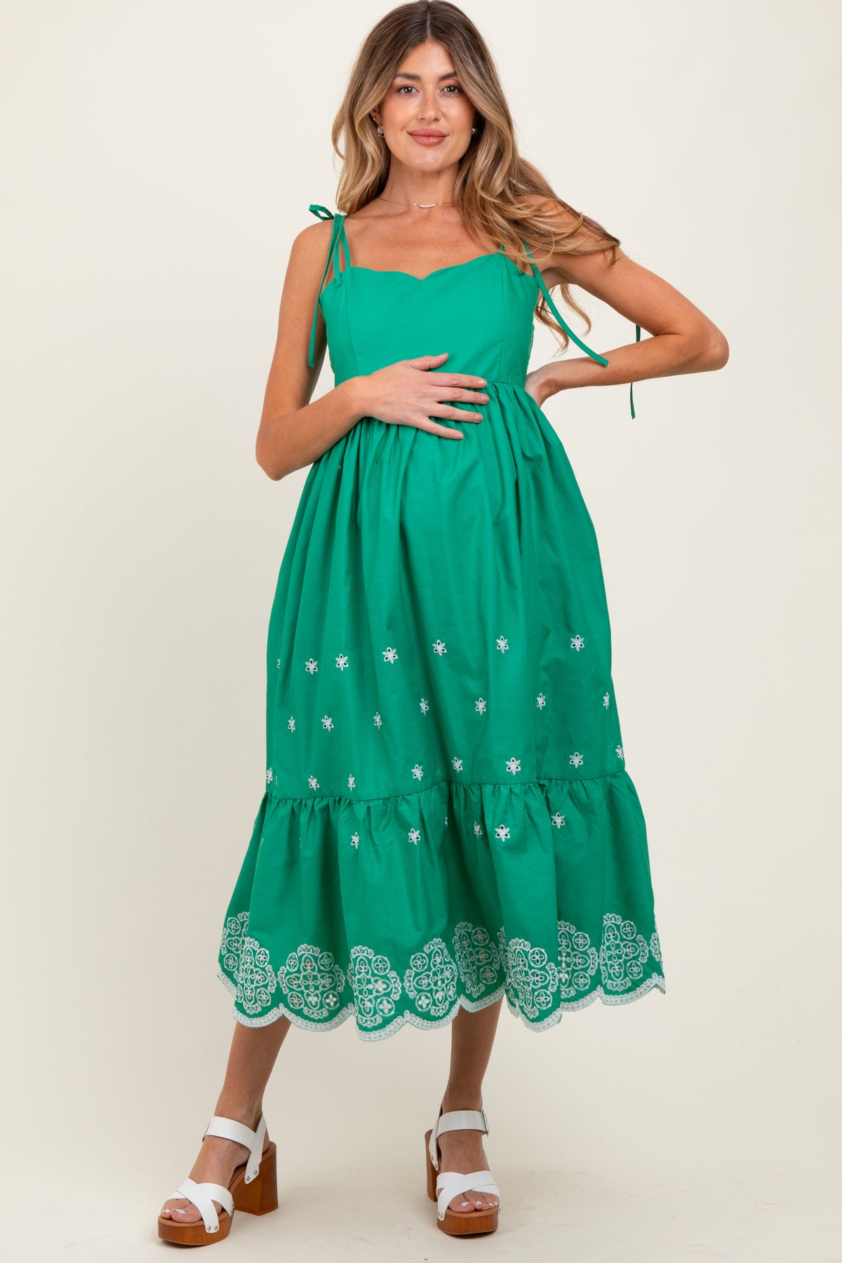 Green Embroidered Shoulder Tie Maternity Midi Dress