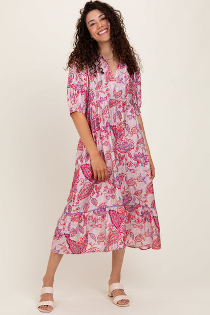 Pink Paisley Collared Ruffle Hem Maternity Midi Dress