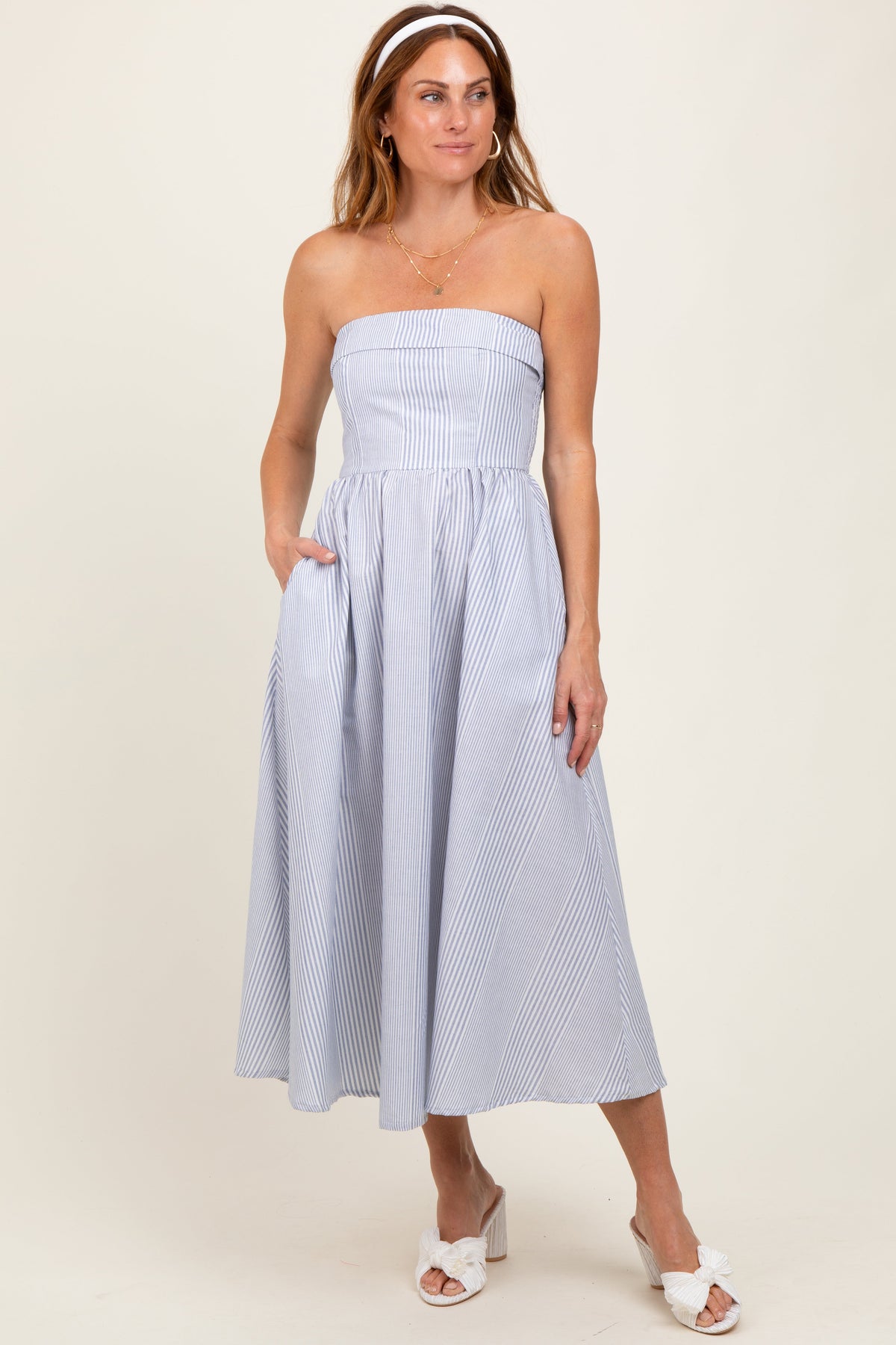 Blue Multi Stripe Strapless Maternity Midi Dress