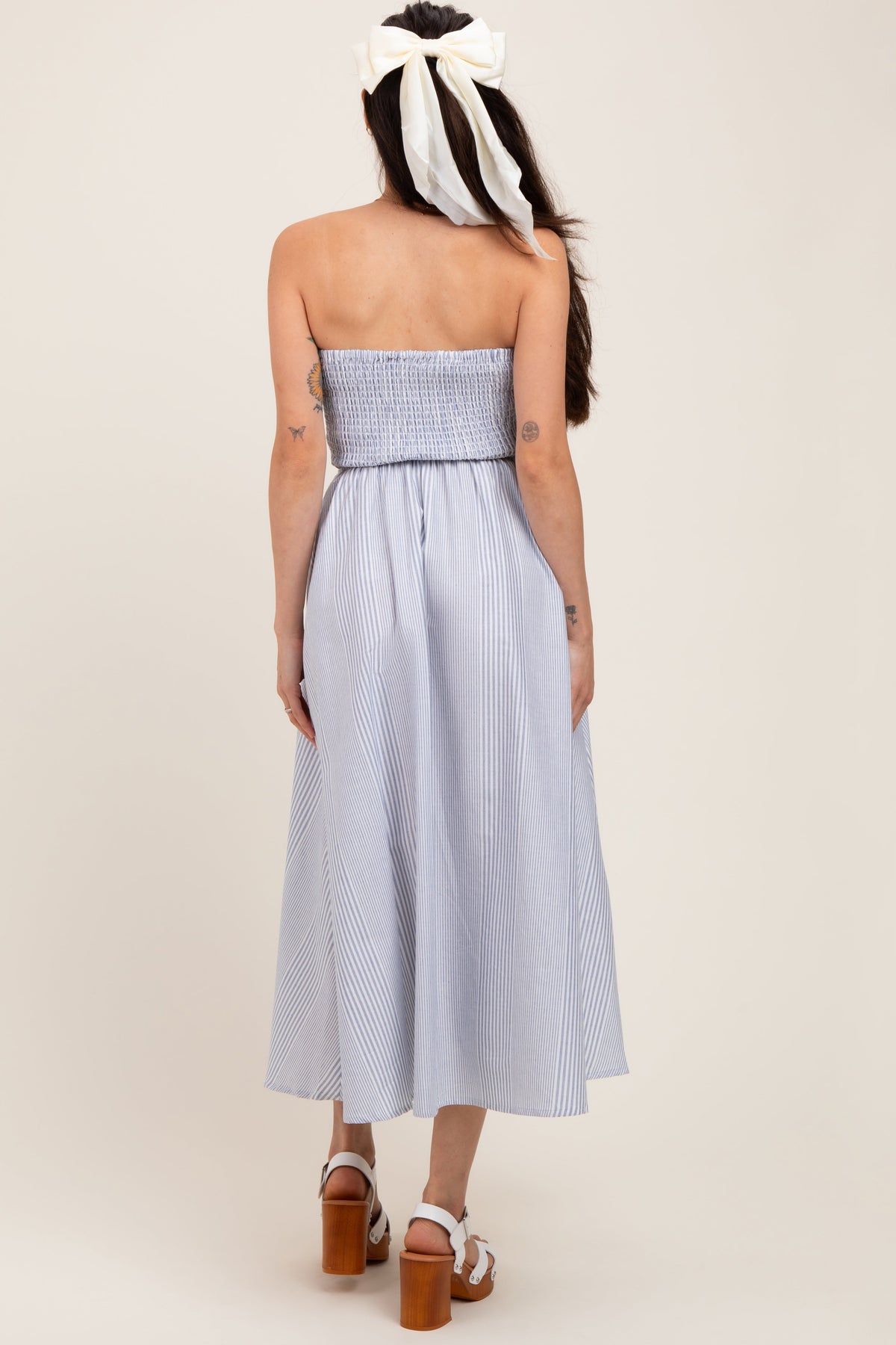 Blue Multi Stripe Strapless Maternity Midi Dress