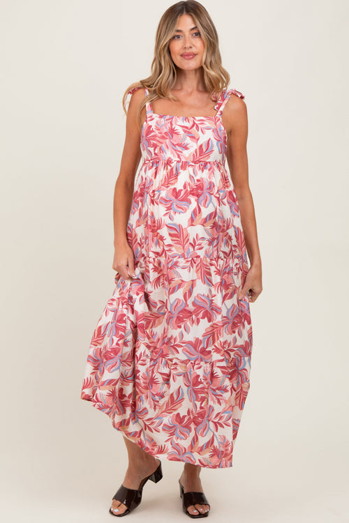 Mauve Floral Shoulder Tie Maternity Midi Dress