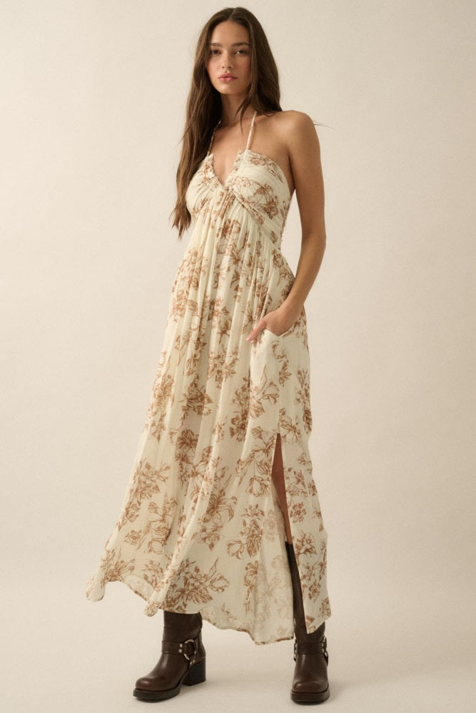 Taupe Floral Tie-Back Halter Maternity Maxi Dress