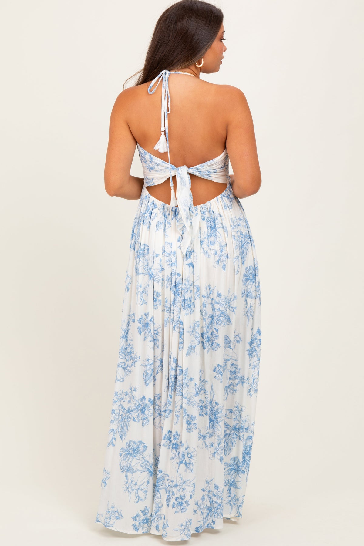 Light Blue Floral Tie-Back Halter Maternity Maxi Dress