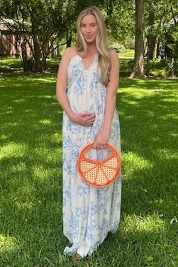 Light Blue Floral Tie-Back Halter Maternity Maxi Dress