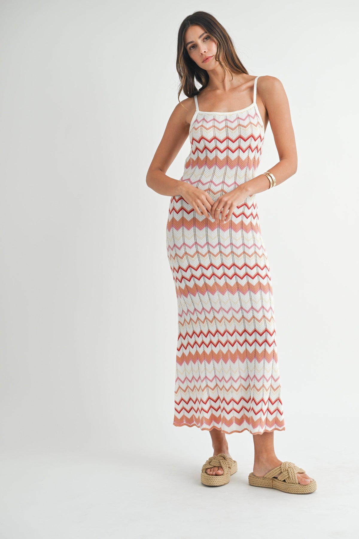 Salmon Pointelle Chevron Knit Open Back Maternity Midi Dress