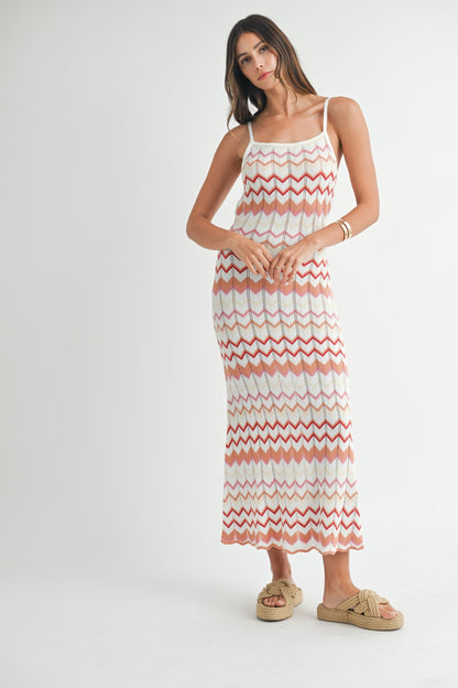 Salmon Pointelle Chevron Knit Open Back Maternity Midi Dress