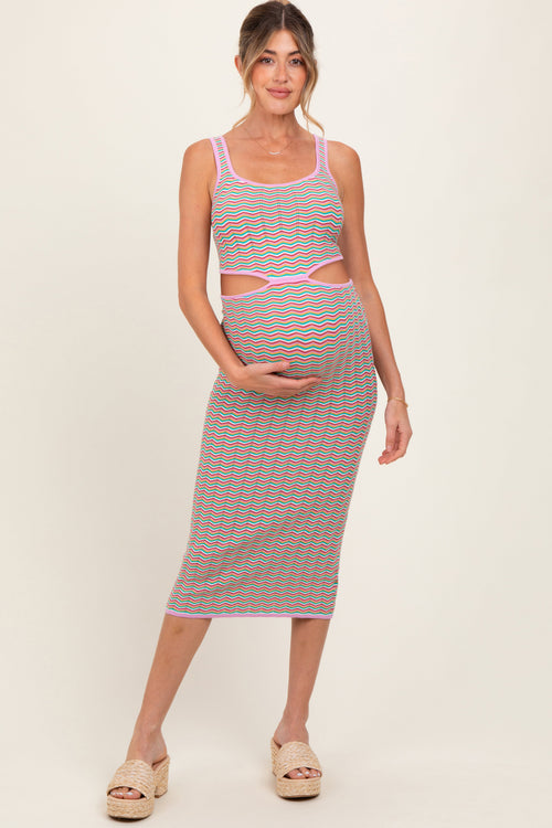 Pink Chevron Knit Cutout Maternity Midi Dress