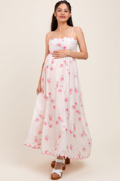 Pink Floral Scallop Edge Back Cutout Maternity Maxi Dress