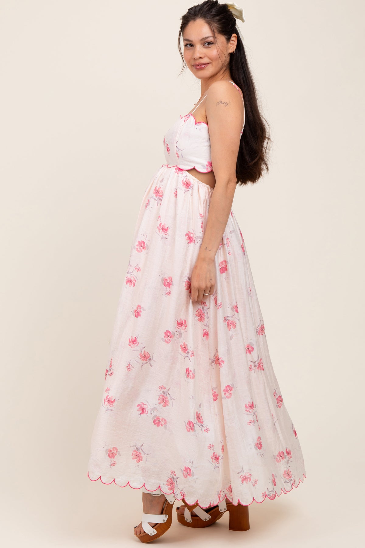 Pink Floral Scallop Edge Back Cutout Maternity Maxi Dress