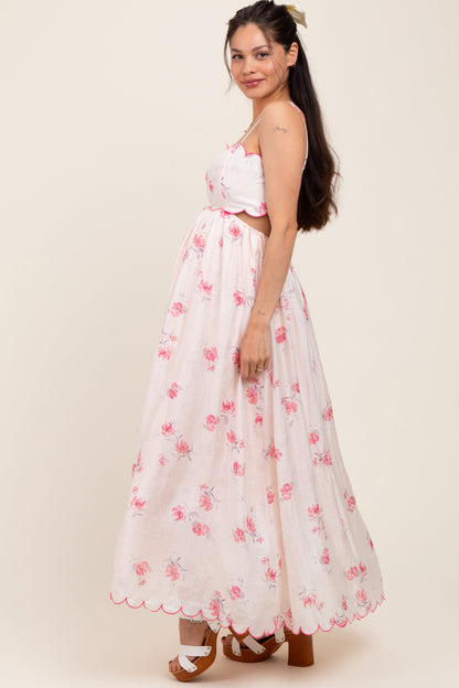 Pink Floral Scallop Edge Back Cutout Maternity Maxi Dress