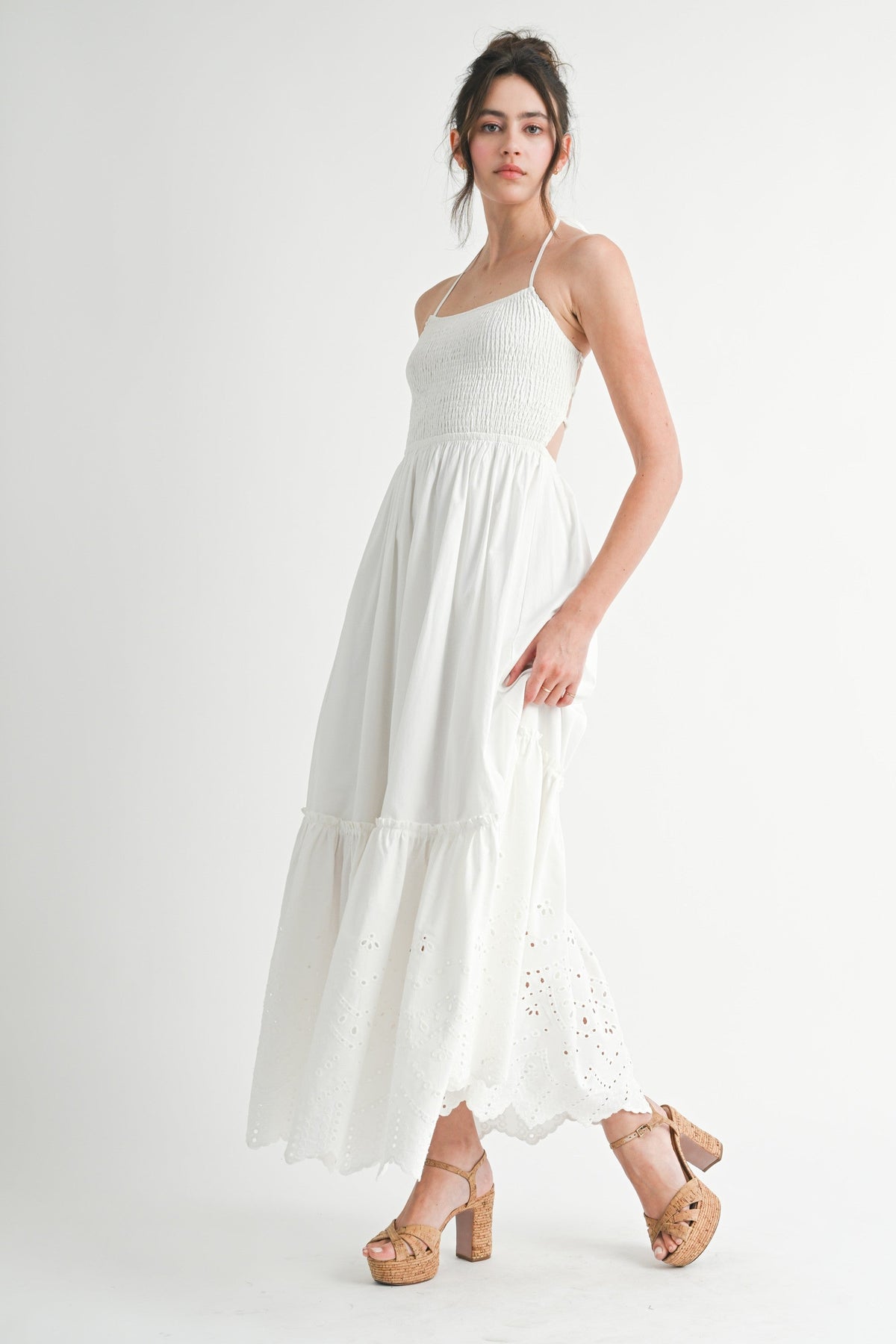 White Smocked Open Back Lace Hem Maternity Maxi Dress