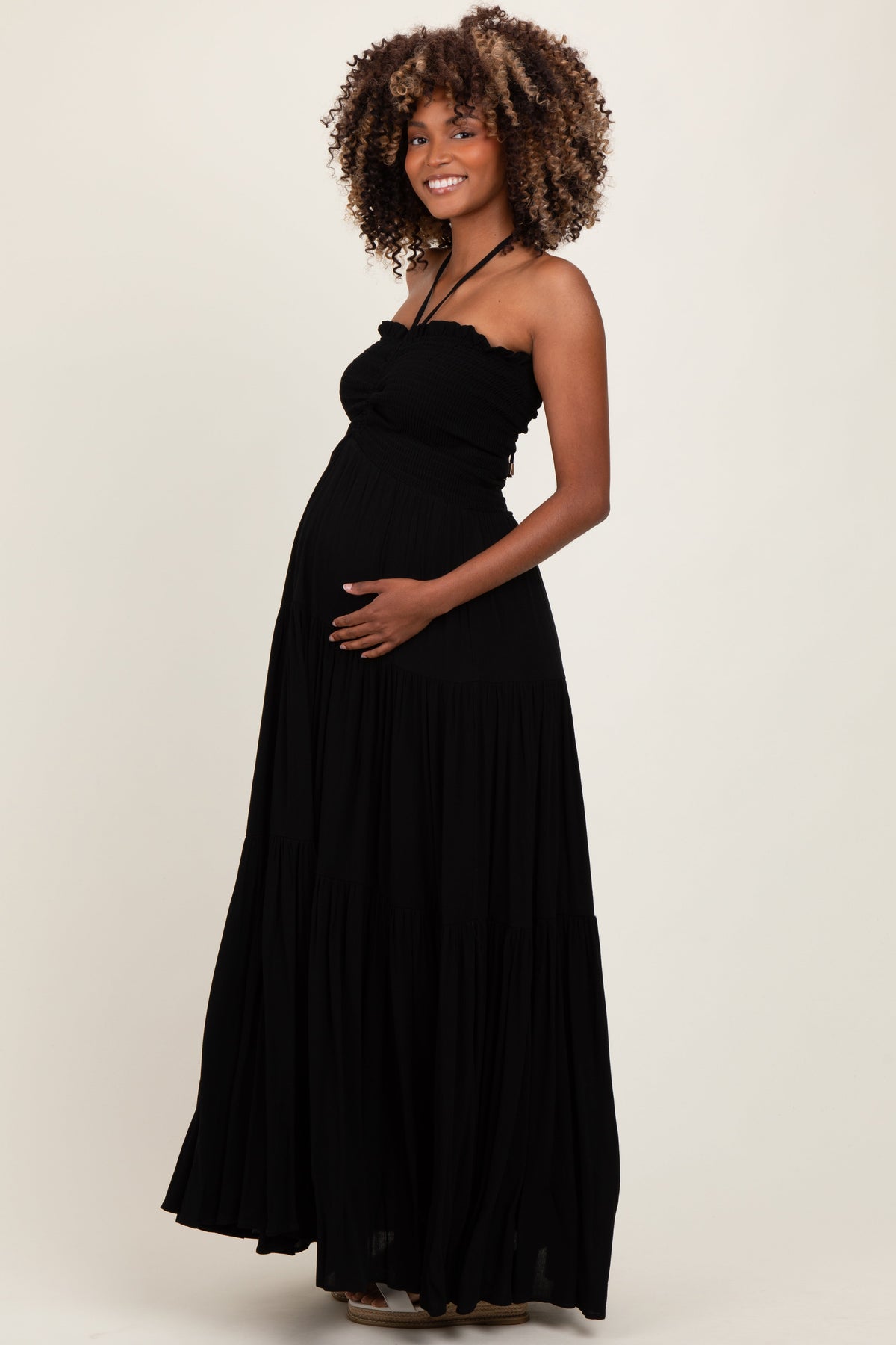 Black Smocked Halter Tiered Maternity Maxi Dress