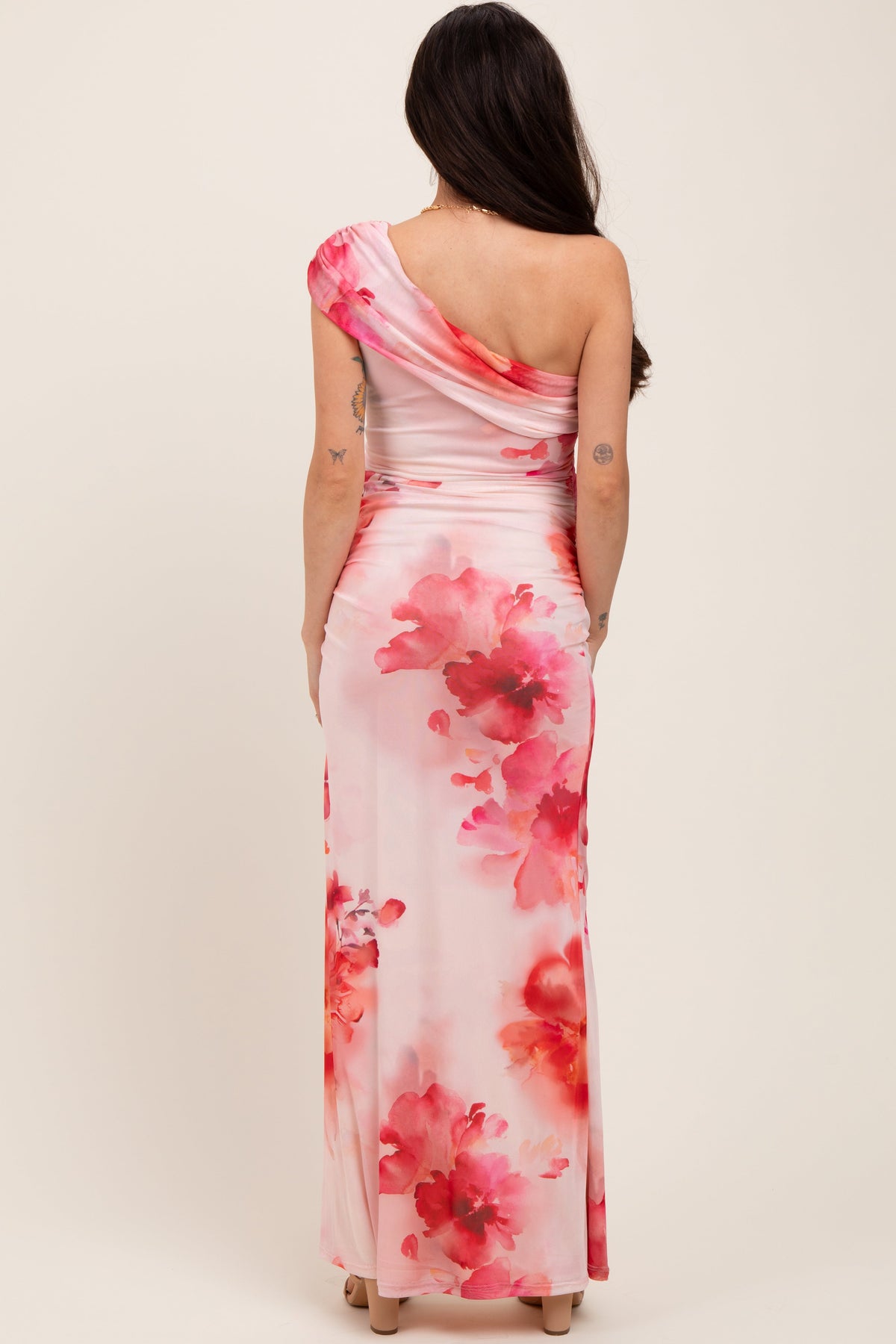 Light Pink Floral One Shoulder Ruched Maternity Maxi Dress