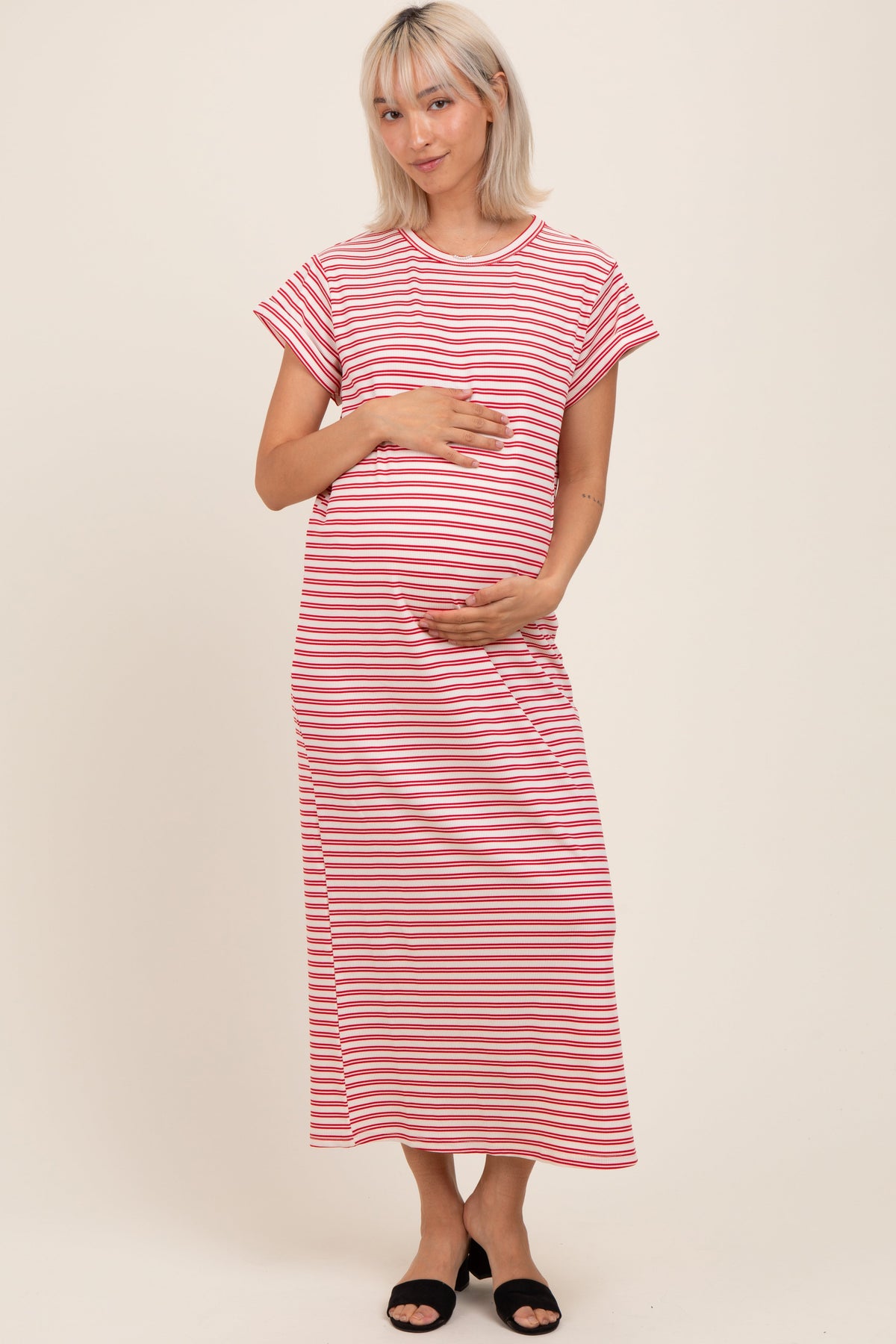 Red Striped Maternity Midi T-Shirt Dress