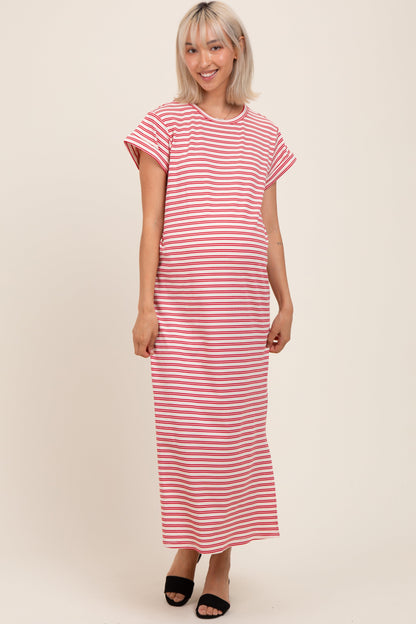 Red Striped Maternity Midi T-Shirt Dress