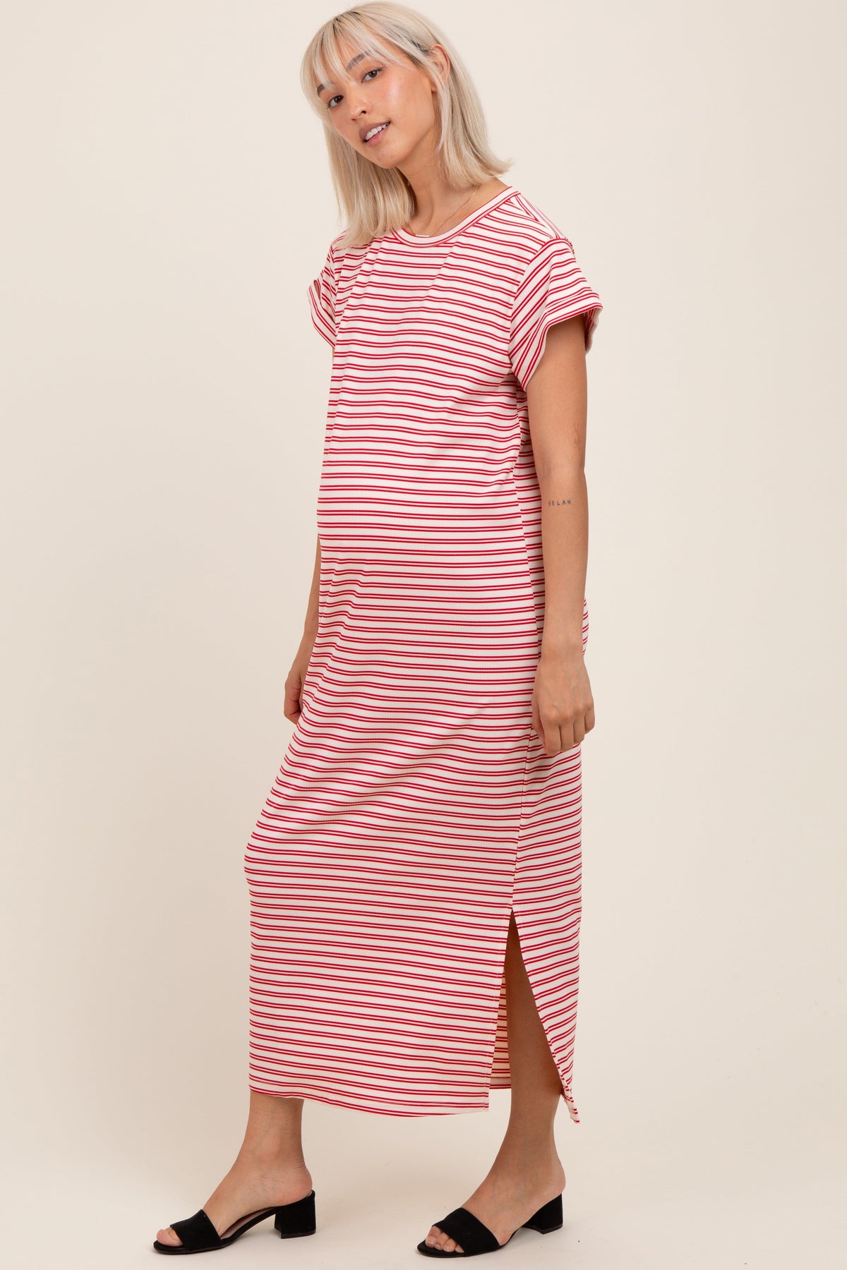 Red Striped Maternity Midi T-Shirt Dress