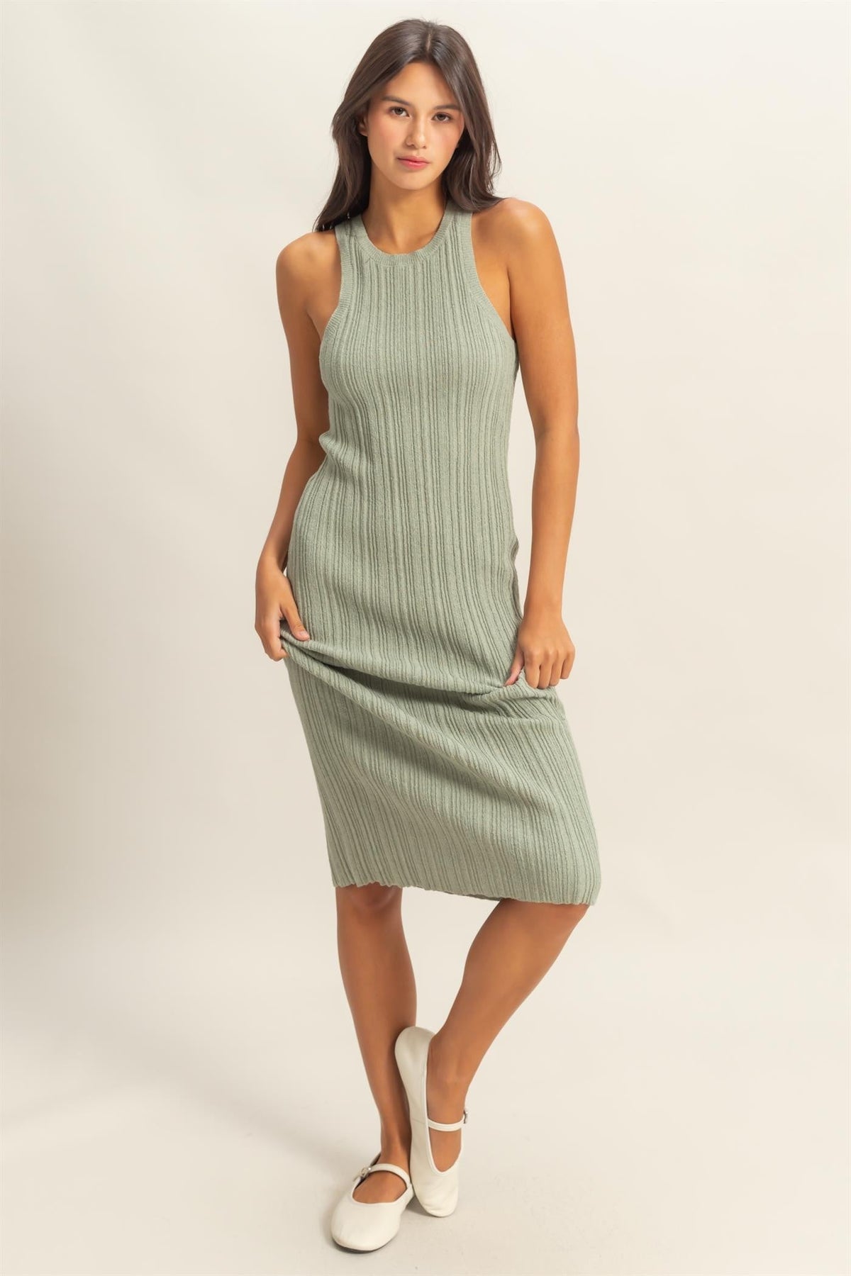 Sage Round Neck Bodycon Ribbed Knit Maternity Midi Dress