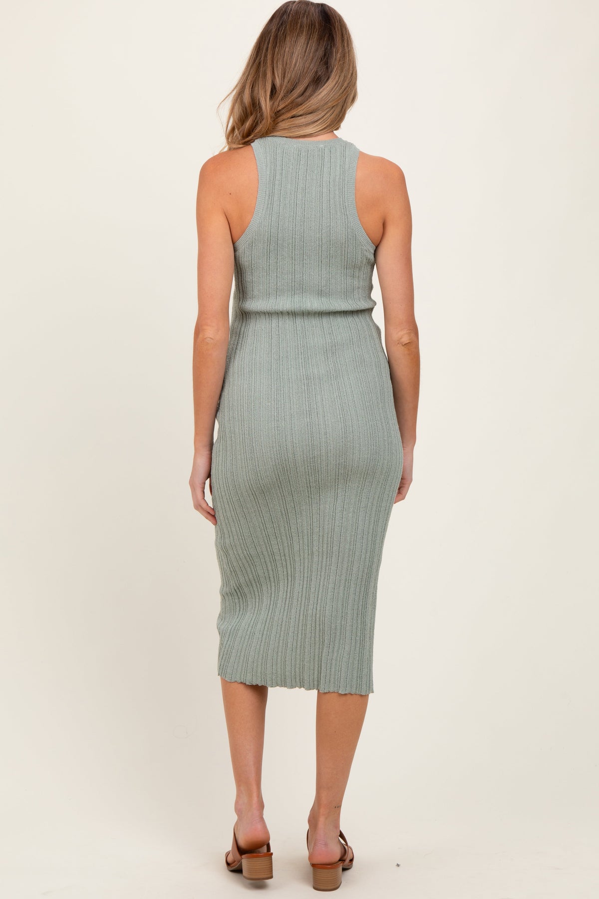 Sage Round Neck Bodycon Ribbed Knit Maternity Midi Dress