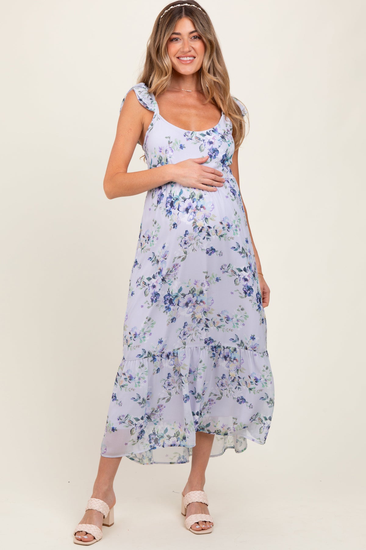 Lilac Floral Textured Open Back Tie Maternity Maxi Dress