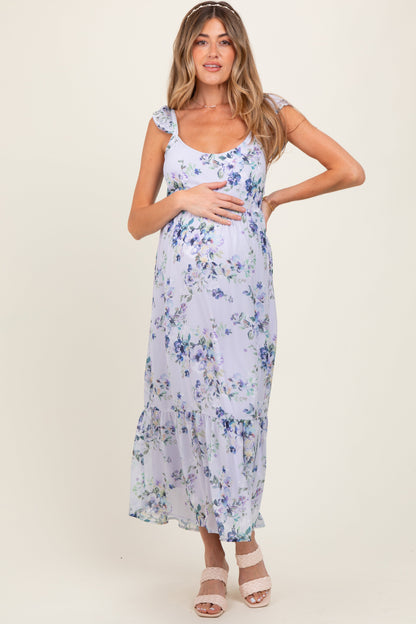 Lilac Floral Textured Open Back Tie Maternity Maxi Dress