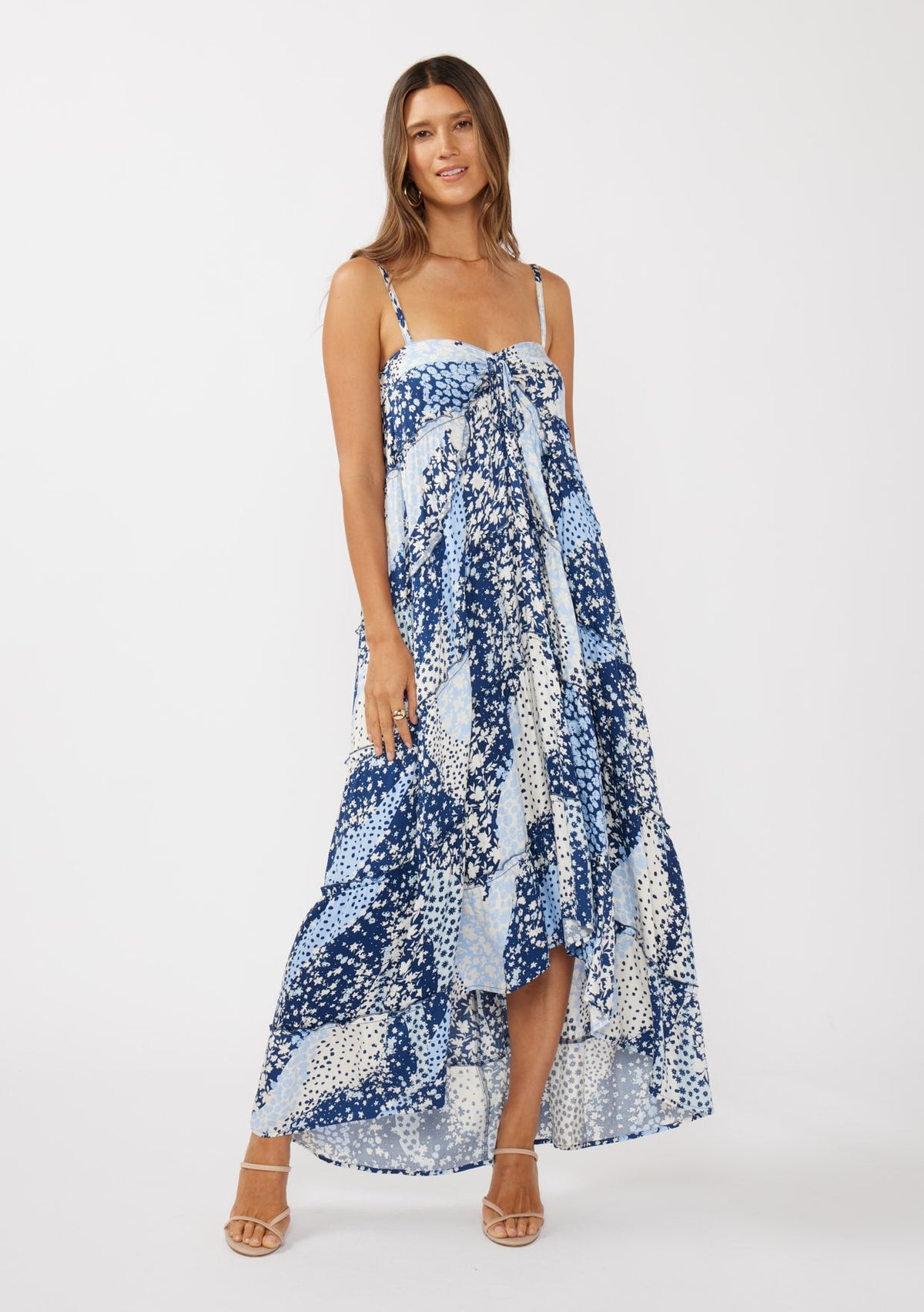 Navy Blue Floral Tiered Spaghetti Strap Maternity Maxi Dress