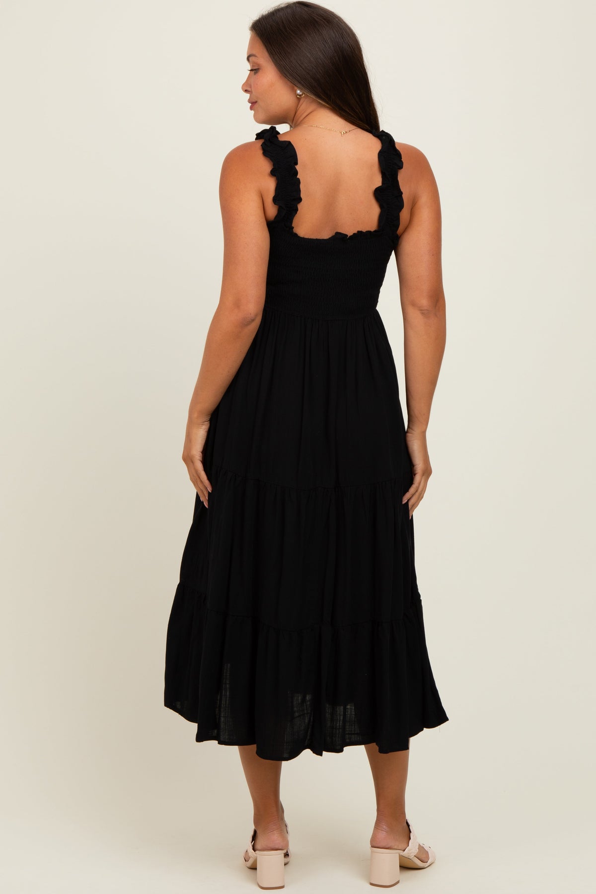 Black Smocked Ruffle Strap Tiered Maternity Midi Dress