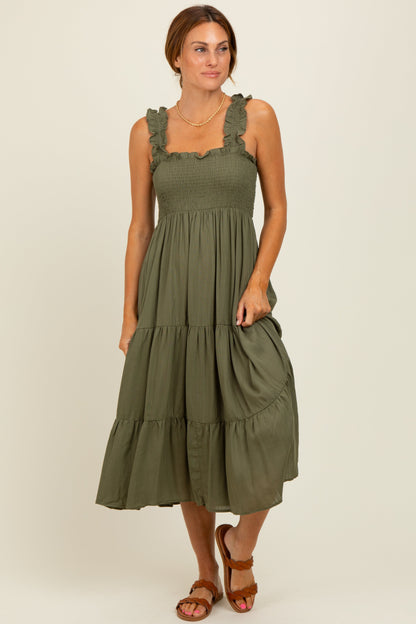 Olive Smocked Ruffle Strap Tiered Maternity Midi Dress
