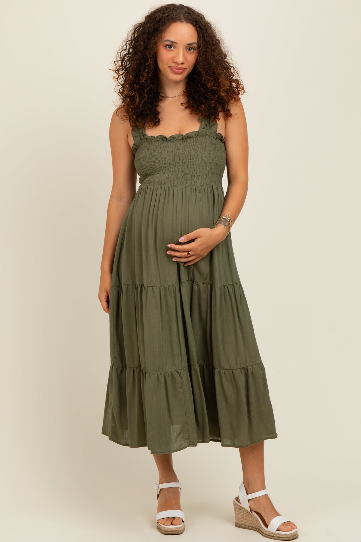 Olive Smocked Ruffle Strap Tiered Maternity Midi Dress
