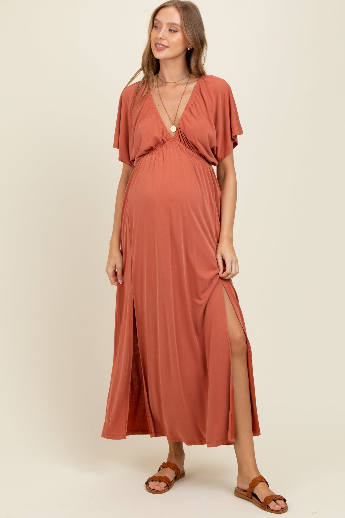 Rust V-Neck Flutter Sleeve Side Slit Maternity Maxi Dress