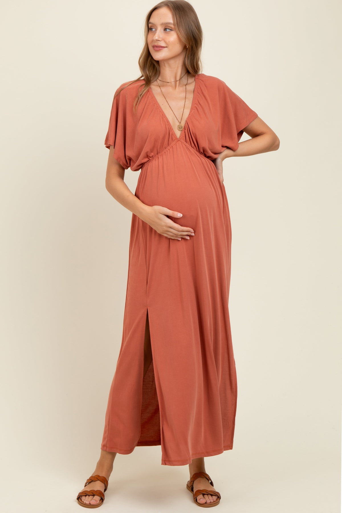 Rust V-Neck Flutter Sleeve Side Slit Maternity Maxi Dress