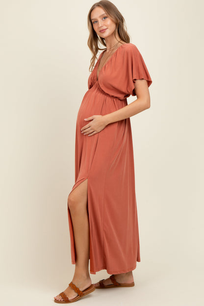 Rust V-Neck Flutter Sleeve Side Slit Maternity Maxi Dress