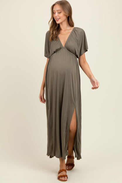 Olive V-Neck Flutter Sleeve Side Slit Maternity Maxi Dress
