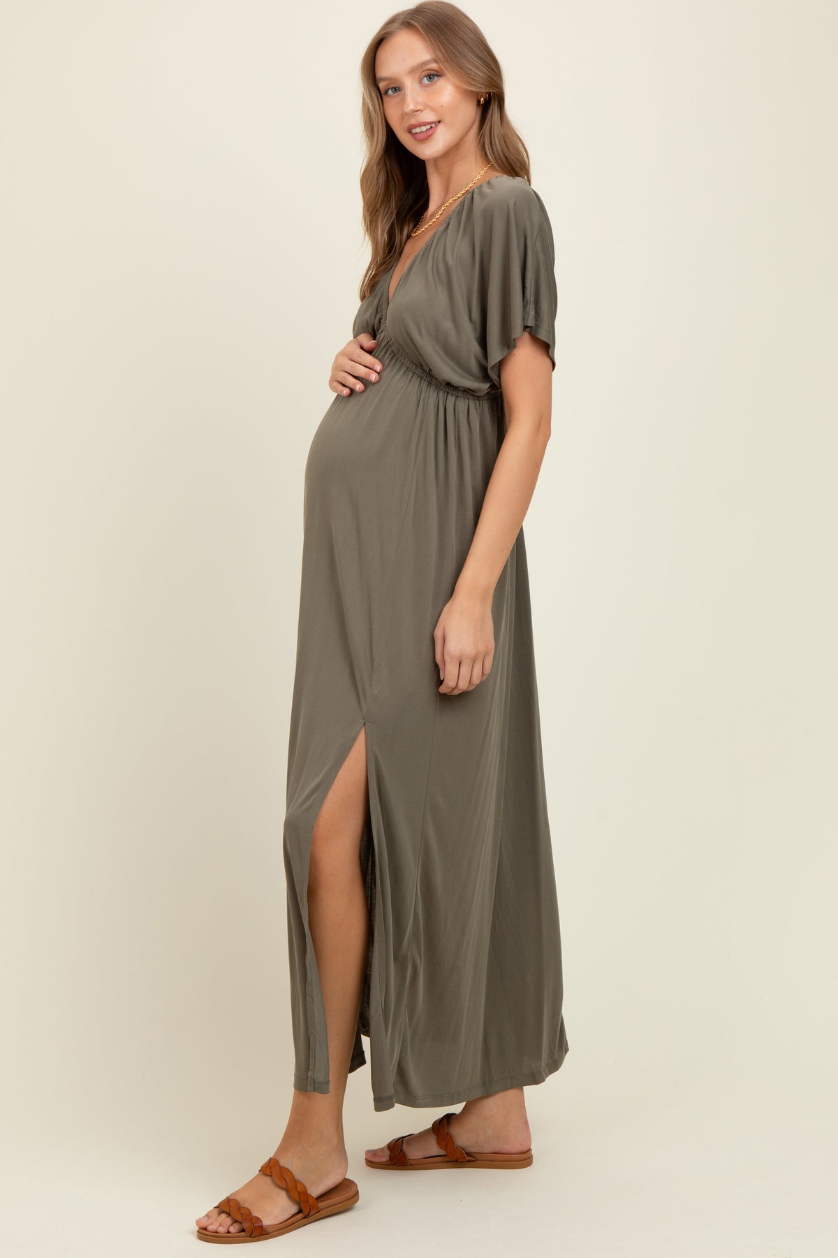Olive V-Neck Flutter Sleeve Side Slit Maternity Maxi Dress