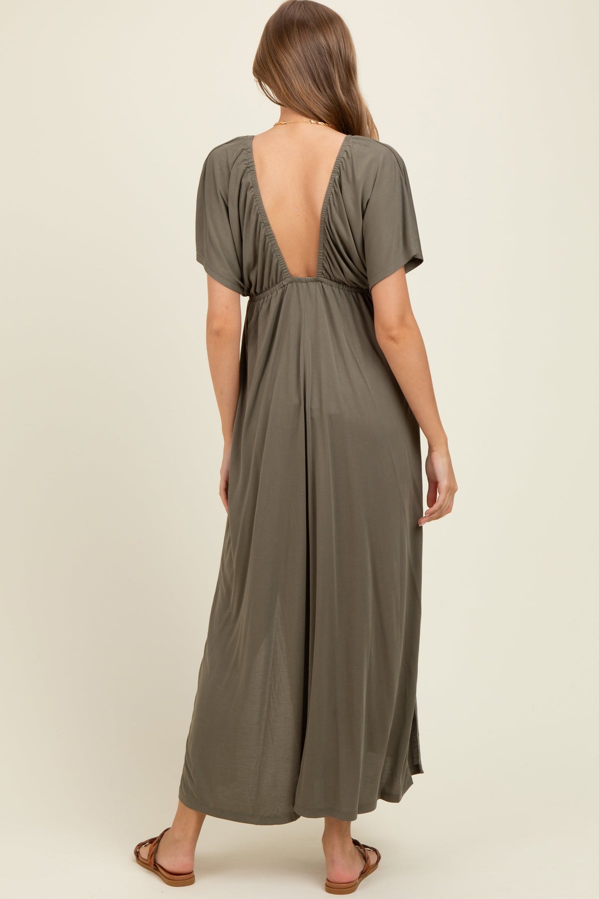 Olive V-Neck Flutter Sleeve Side Slit Maternity Maxi Dress