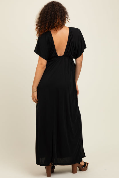 Black V-Neck Flutter Sleeve Side Slit Maternity Maxi Dress