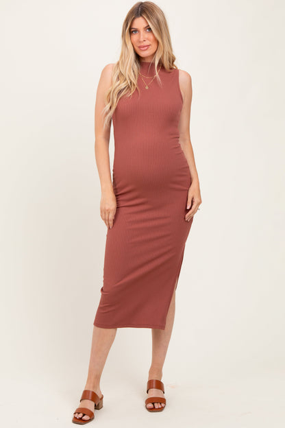 Mocha Mock Neck Side Slit Maternity Midi Dress