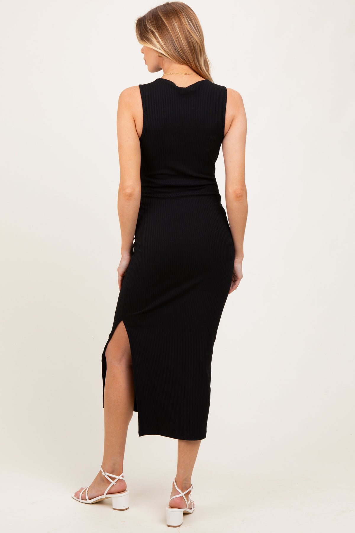 Black Mock Neck Side Slit Maternity Midi Dress