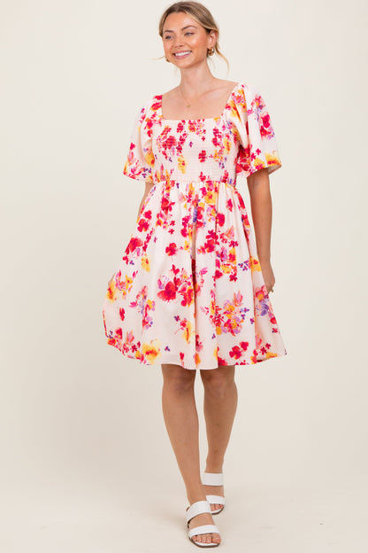 Cream/Red Floral Smocked Top Maternity Mini Dress