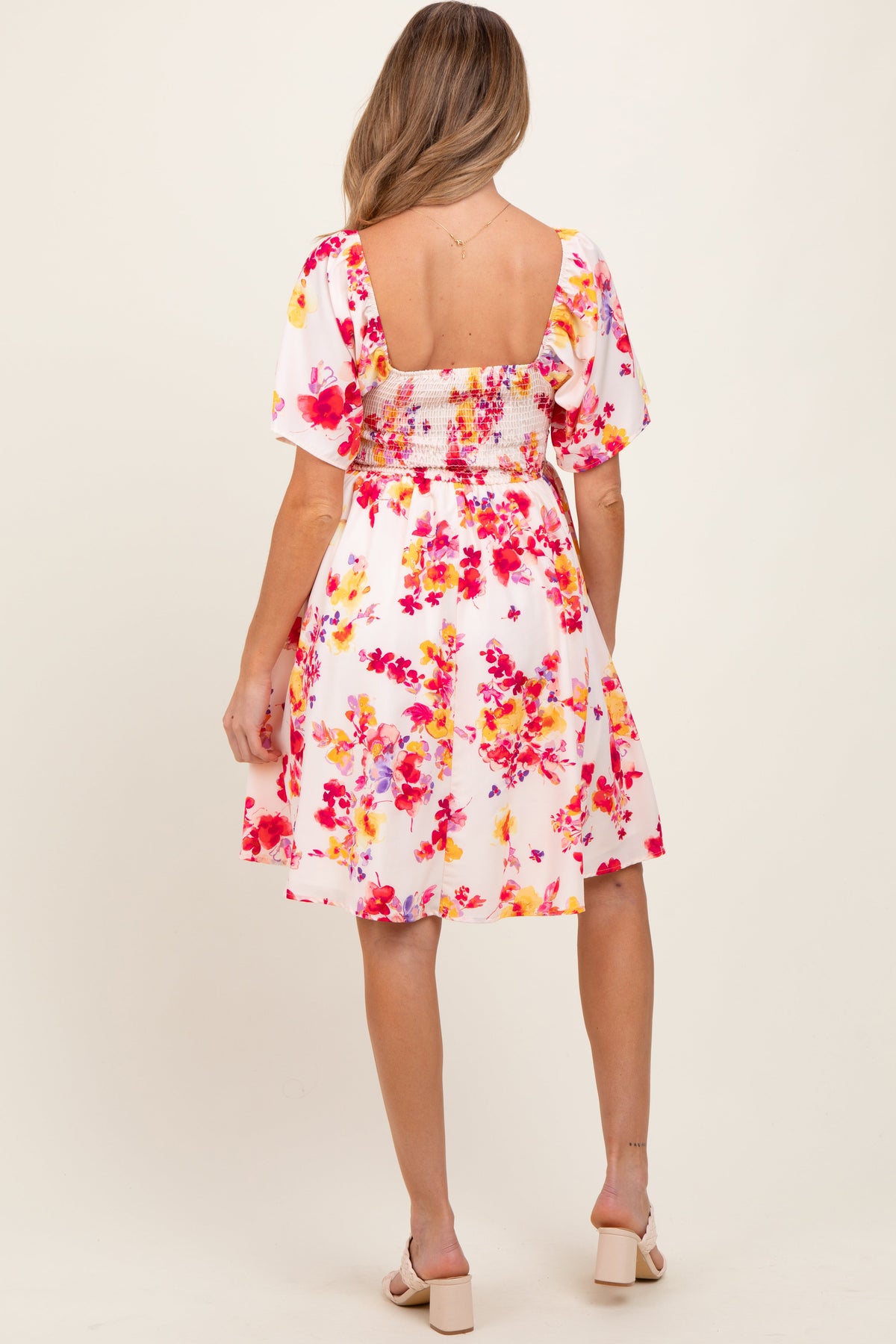 Cream/Red Floral Smocked Top Maternity Mini Dress