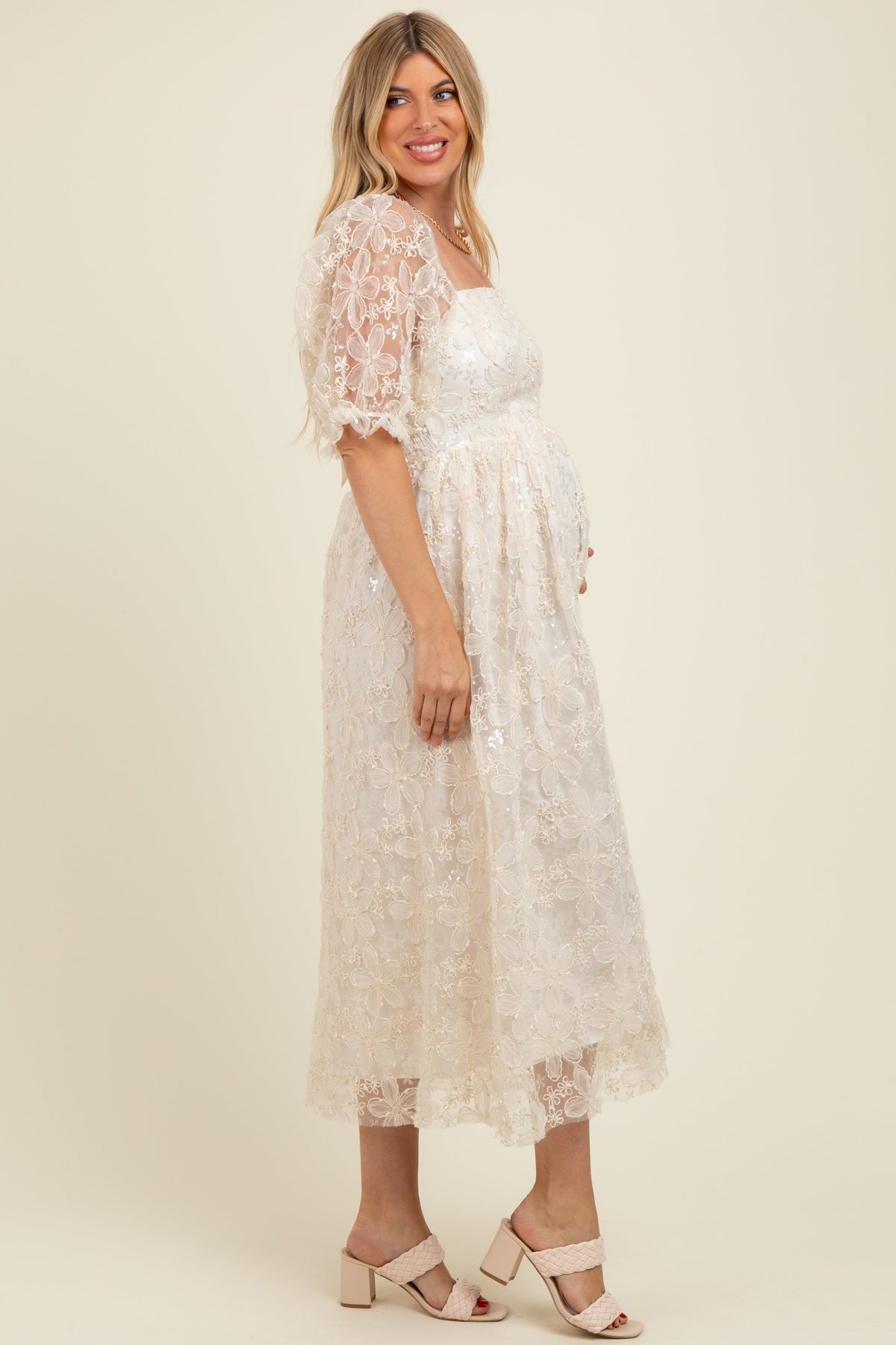 Cream Floral Mesh Overlay Tie Back Maternity Midi Dress