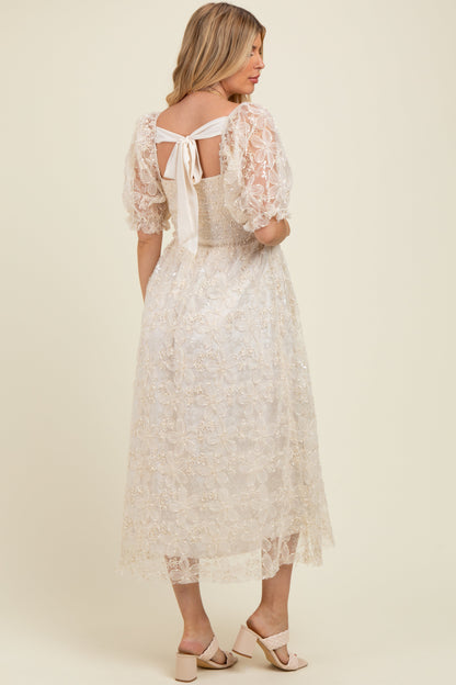 Cream Floral Mesh Overlay Tie Back Maternity Midi Dress
