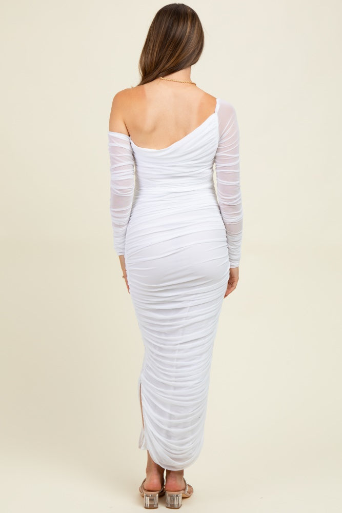 White Ruched Mesh One Shoulder Long Sleeve Maternity Maxi Dress