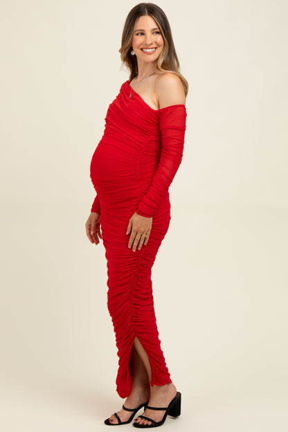 Red Ruched Mesh One Shoulder Long Sleeve Maternity Maxi Dress