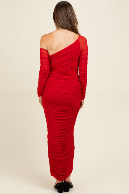 Red Ruched Mesh One Shoulder Long Sleeve Maternity Maxi Dress