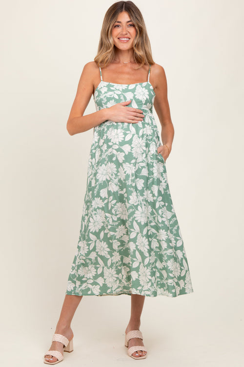 Light Olive Floral Sleeveless Maternity Midi Dress