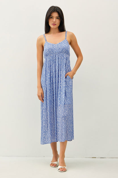 Blue Printed Sleeveless Maternity Midi Dress