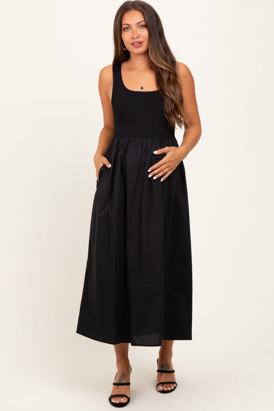 Black Contrast Sleeveless Square Neck Maternity Midi Dress