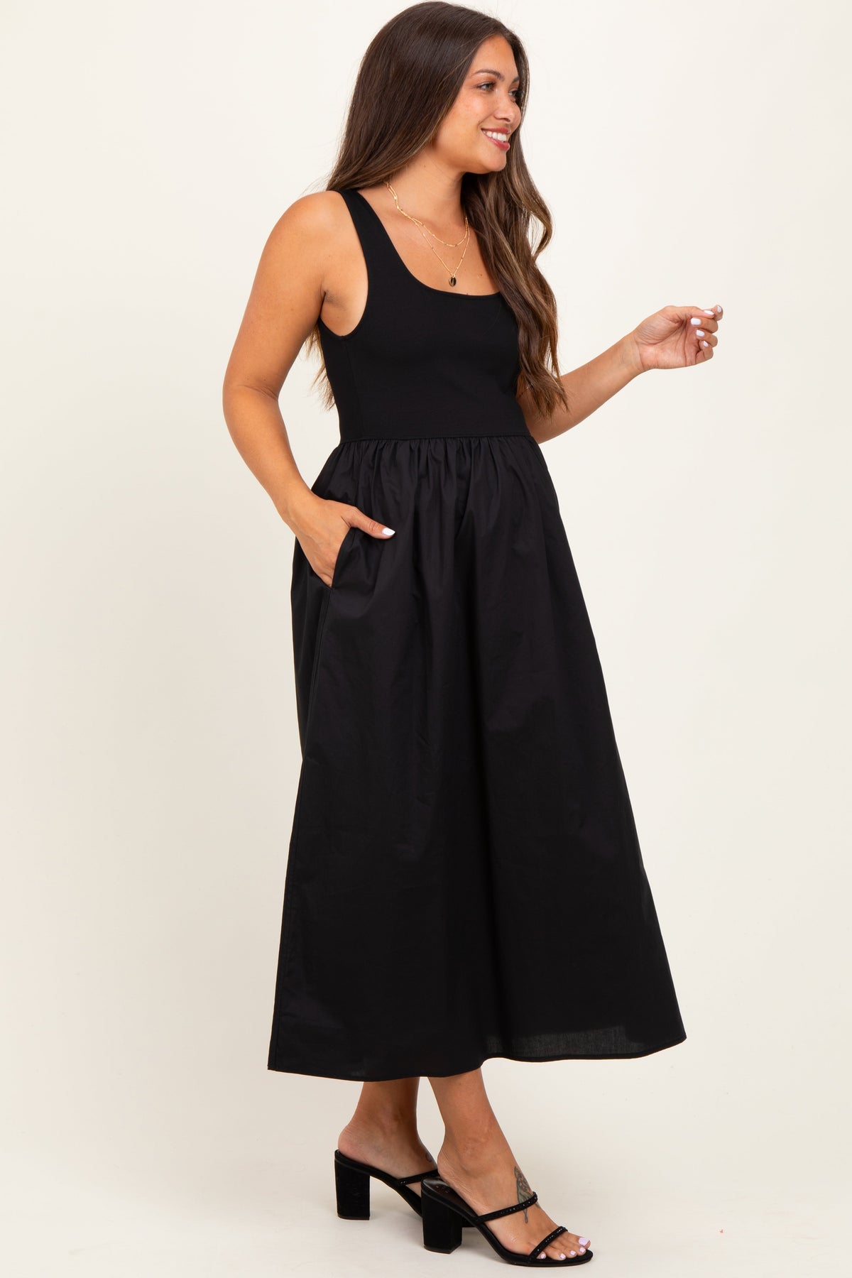 Black Contrast Sleeveless Square Neck Maternity Midi Dress